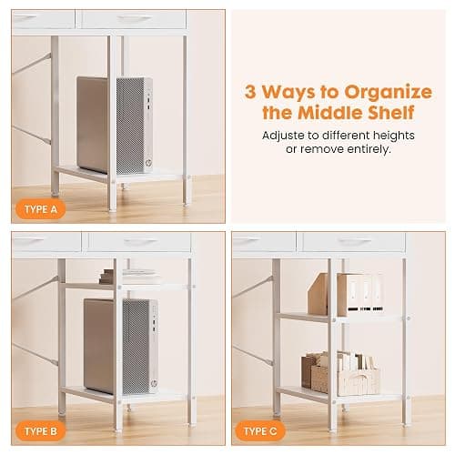 Sweetcrispy 47" Computer Desk with 6 Fabric Drawers & Storage Shelves | Reversible Gaming Desk, Office Desk, Computer Workstation, Corner Desk with Storag, Home Office, Living Room, White thumbnail 7