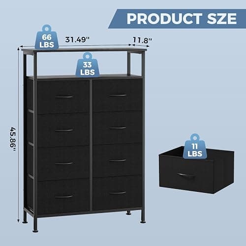 DUMOS 8 Drawers Fabric Dresser for Bedroom, Tall 8-Drawer Chest of Drawers with Raised Shelf, Storage Tower with Fabric Bins for Closet Organization, Hallway Storage, Ink thumbnail 2