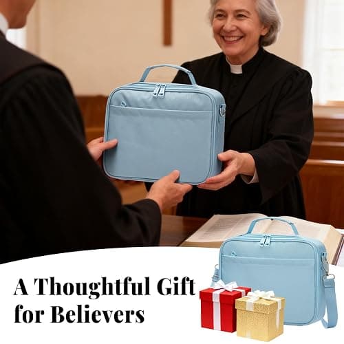 SUNEE Bible Cover for Women, Large Bible Bag w/Shoulder Strap Carrying Book Case w/Pen Slots and Zippered Pocket, Gift for Women & Men, Blue thumbnail 7