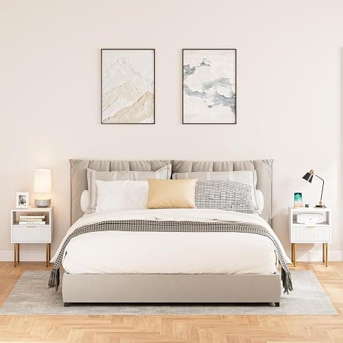 AEPOALUA Nightstand,Morden Bedside Table with Gold Frame,Small White Night Stand,End Table,Bedside Furniture,Side Table with Drawer and Shelf for Bedroom,Living Room (1Drawer, White) thumbnail 8