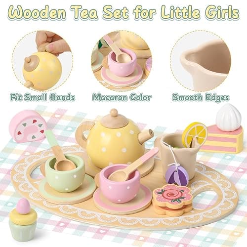 Lonico Wooden Tea Party Set for Little Girls Toddler Tea Set with Cupcake Stand & Food Dessert, Play Kitchen Accessories for Toddlers 2 3 4 5 6 Years Old, Wooden Toys Birthday Kids Girls Gifts 3-6 thumbnail 4