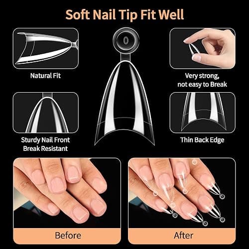 SITELENABY Almond Nail Tips,Soft Gel Almond X Press On Nails,300PCS Acrylic Nail Tips Half Cover Clear Gel Press on Flase Nail Tip for Extension 12Sizes thumbnail 2
