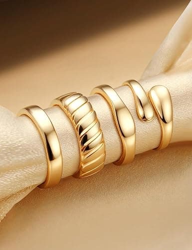 Chunky 14K Gold Plated Rings for Women Non Tarnish - 4Pcs 14K Thick Gold Plated Statement Rings Set Fashion Stackable Ring Trendy Waterproof Chunky Dome Ring thumbnail 4