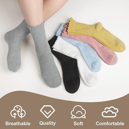 6 Pairs Cute Floral Ruffle Crew Socks Women, Breathable Cotton Novelty Casual Girls Above Ankle Funny Socks US 5-10 thumbnail 2