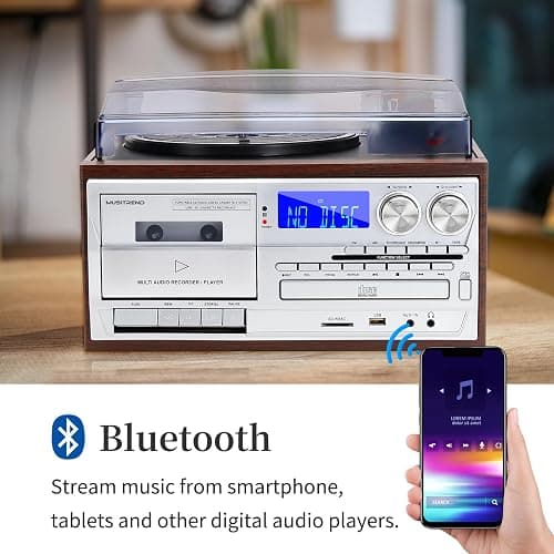 Bluetooth Record Player with 3 Speed Turntable CD Cassette USB SD AM FM Radio Remote Control and Built in Speakers for Home Entertainment and Vintage Vinyl Enjoyment - Silver-Brown thumbnail 6