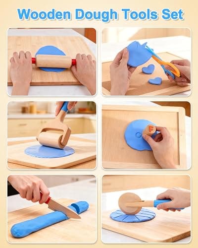 Wooden Dough Tools Kit for Kids, Dough Accessories with Rolling Pins, Pizza Cutter, Safety Scissors & 26 Letter Stamps, Educational Alphabet Learning Toys Gift for Toddlers Ages 3–6 thumbnail 5