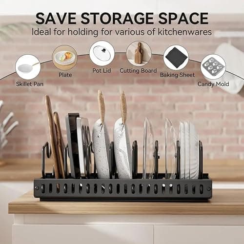 AmoiChic 2 Pack Pull Out Cabinet Organizer for Pots and Pans, Black Storage Rack with 8 Adjustable Dividers, Kitchen Cabinet Organizer for Pot Lids, Bakeware, Dishes Storage thumbnail 3