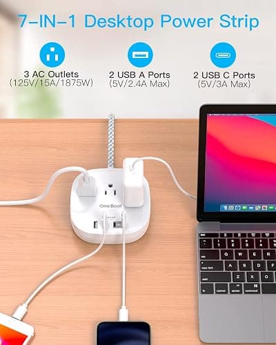 One Beat Flat Plug Power Bar with USB C, 6FT Ultra-Thin Extension Cord, 3 Outlet with 4 USB Ports (2 USB C) Desktop Charging Station, No Surge Protection for Cruise Ship, Travel Essentials, Dorm Room thumbnail 6