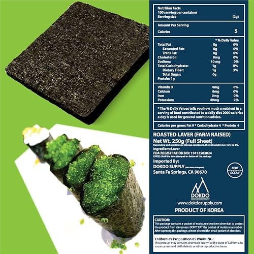 Blue Ocean Sushi Nori Seaweed Half Cut 200 sheets 260Gram Organic Yaki Roasted Rolls Wraps 100% Natural Laver Fresh Premium Thick Quality thumbnail 8