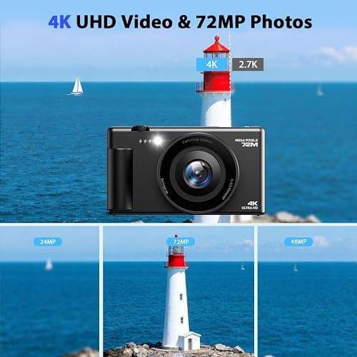 4K Digital Cameras for Photography, Compact Vlogging Camera with Flip Screen, 18X Digital Zoom YouTube Camera, Ideal for Bignners Boys Girls Black thumbnail 2