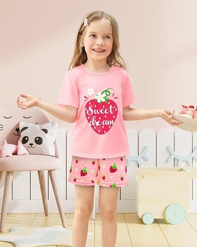Nidoul Girls Pajamas Short Sleeve Toddler Summer Pjs Girls' Sleepwear 2 Pieces Lounge Sets Kids Clothes 3T-14Y - Pink Strawberry - 5-6 Years thumbnail 3