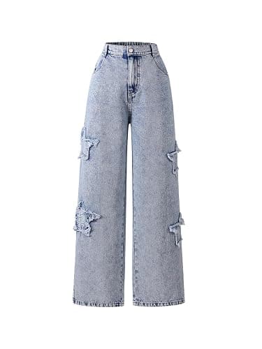 WDIRARA Girl's Bowknot Print Washed Jean Elastic Waist Denim Pants Straight Leg Trousers with Pockets - Image 1