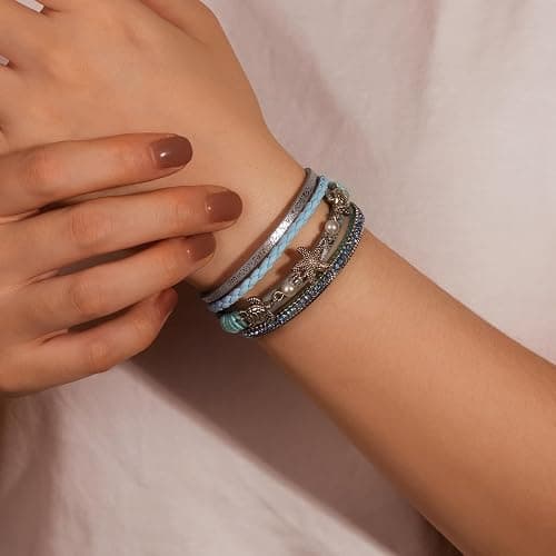 FANCY SHINY Turtle Starfish Leather Wrap Bracelet Boho Rhinestone Pearl Cuff Bracelet with Magnetic Clasp for Women thumbnail 3