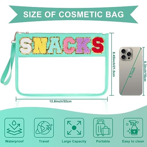 Snack Bag for Travel - Clear Chenille Varsity Letter Flat Pouch with Zipper, 12.2×8.46 inch Waterproof Clear Nylon Preppy Patch Makeup Cosmetic tote Bags for Women Girls thumbnail 2