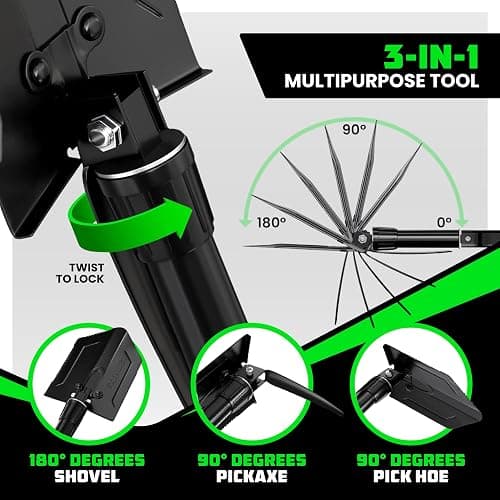 RHINO USA Folding Survival Shovel w/Pick - Heavy Duty Carbon Steel Military Style Entrenching Tool for Off Road, Camping, Gardening, Beach, Digging Dirt, Sand, Mud & Snow. thumbnail 4
