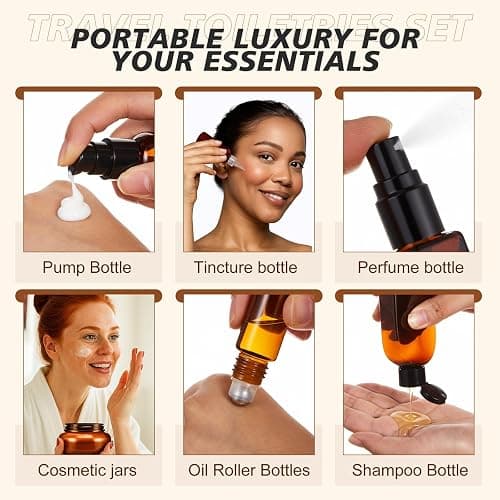 21 Pcs Amber Plastic Travel Toiletry Bottles Set, TSA Approved Travel Containers, Leak Proof Containers with Refillable Squeeze Bottle, Roller Balls, Pump sprayer, Perfume Atomizer, Labels & Funnel thumbnail 4