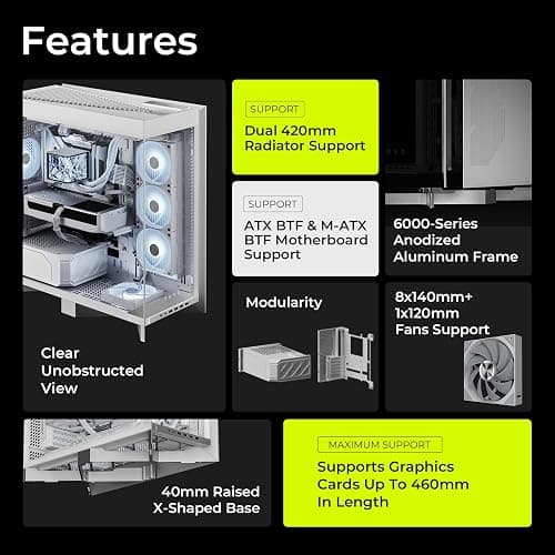 TRYX LUCA L70 White ATX PC Case Panoramic Glass with Front Panel ATX Case Dual Chamber High Modularity 6000-Series Anodized Aluminum Frame Computer Case 420mm Radiator Support USB 3.2 Type-C I/O Panel thumbnail 2