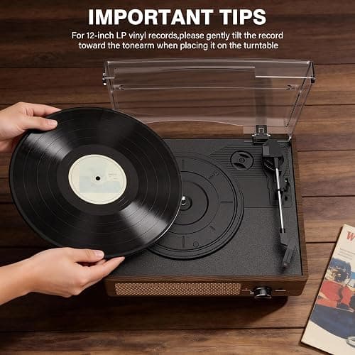 Bluetooth Vinyl Record Player,3-Speed Turntable with Stereo Speakers Vintage Phonograph Record Player, with RCA Line Out AUX in Headphone Jack Coffee Wood thumbnail 8