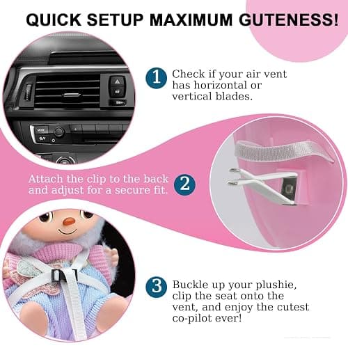 AYYKALLJ Doll car seat Compatible with Labubu, Vent Clip for 10-17cm Blind Box Toys, Secure Doll Seat with Adjustable Safety Strap & Airflow-Friendly Design, Car Decor (Doll Not Included)（Pink） thumbnail 5