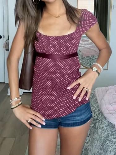 Sunloudy Women Fairy Coquette Babydoll Shirt Y2k Cap Sleeve Polka Dot Grunge Flowy Preppy Tees Vintage Aesthetic Clothes thumbnail 3