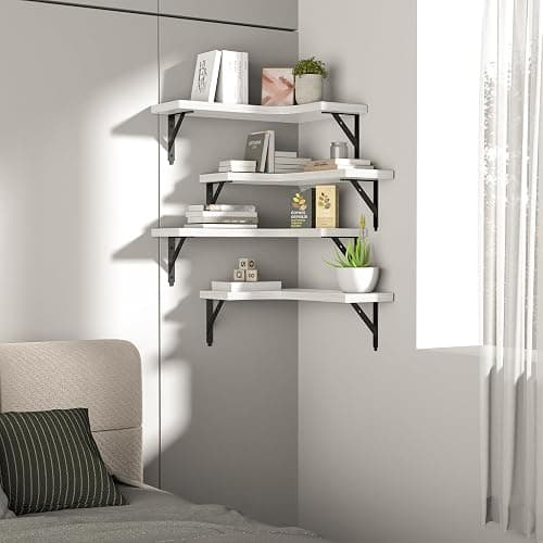 ROMGUAR CRAFT Corner Floating Shelves Wall Mounted Set of 4, Rustic Wood Storage Display Wall Shelves for Home Decor, Bathroom, Kitchen, Bedroom, Living Room, Office (White) thumbnail 7
