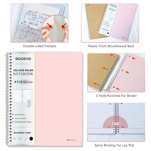 Pastel Pink Spiral Notebook, 1 Subject, 10.5" x 8", College Ruled, 100 Sheets, Double-Sided Pocket Folder, 3-Hole Punched, Tear-Away Pages, Lightweight Plastic Cover, Wire Bound with Kraft Back – Perfect for Notes or Journaling thumbnail 6