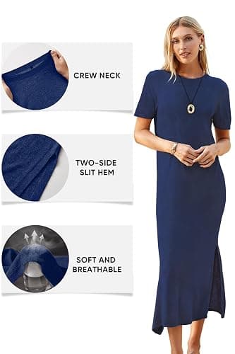Arach&Cloz Women's Wool Blend Fall Business Casual T Shirts Maxi Dress | Soft Wool Blend, Medium Stretch & Thickness,Crew Neck short Sleeve Maxi Dress With side Slit fits,Casual And All Occasions thumbnail 4