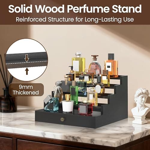 MODOWEY Perfume Organizer Cologne Holder Stand for Men, Wooden Wide-Spaced Shelf with Drawer, 5 Tier Large Capacity Storage Rack for Dresser Countertop, for a Neat, Accessible Fragrance Display, Black thumbnail 7