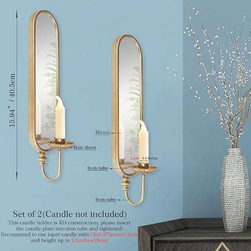 Set of 2 Vintage Gold Iron Candle Sconce and Mirror, Rustic Metal Wall Candle Holders for Pillar Candles Wall,Living Room, Bathroom, Dining Room(Size:3.94x15.94x3.9inches) thumbnail 4