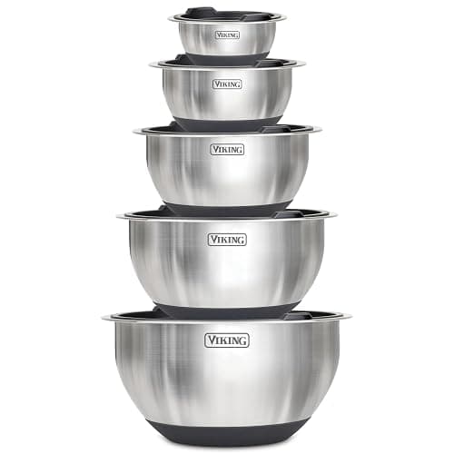 VIKING Mixing Bowls Set, 10 Piece Stainless Steel Kitchen Cookware, Non-Slip Silicone Base, Includes Tight Fit Lids, Dishwasher Safe, Black - Image 1