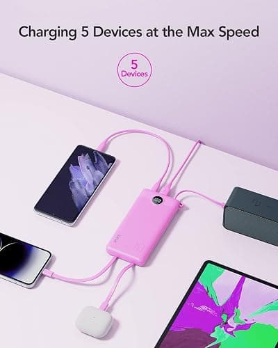 VRURC Portable Charger 10000mAh, Travel Essentials Battery Pack, 5 Output 2 Input Power Bank, Built-in Micro & USB C Cables Phone Charger Compatible with iPhone,Samsung,Android-Purple(1 Pack) thumbnail 4