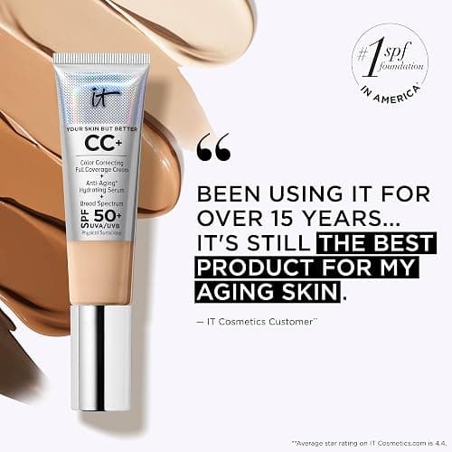 IT Cosmetics CC+ Cream - Natural Full Coverage Foundation With SPF 50+, Color Corrector & Anti-Aging Hydrating Serum, Hyaluronic Acid + Peptides, Lightweight Up To 24H Wear, All Skin Types- 1.08 fl oz thumbnail 8
