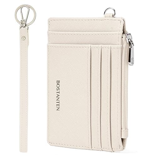 BOSTANTEN Small Wallet For Women RFID Leather Credit Card Holder Slim Wristlet Keychain Wallet With Zipper Pocket - Beige