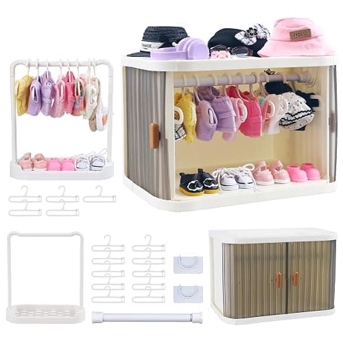 Foldable Doll Wardrobe Closet Storage Box Compatible with Labubu Clothes with 15 Hangers & Rod - Stackable Organizer Cabinet for 15/17cm Doll Clothes with Dust-Resistant Cover and Display Shelf - Image 1