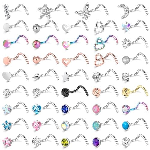 ONESING 36-44 Pcs 18G 20G Nose Rings Studs Nose Rings for Women Nose Piercings Jewelry Surgical Stainless Steel Nose Studs Moon Star Heart Butterfly Hypoallergenic Body Piercing Jewelry for Women Men - Image 1