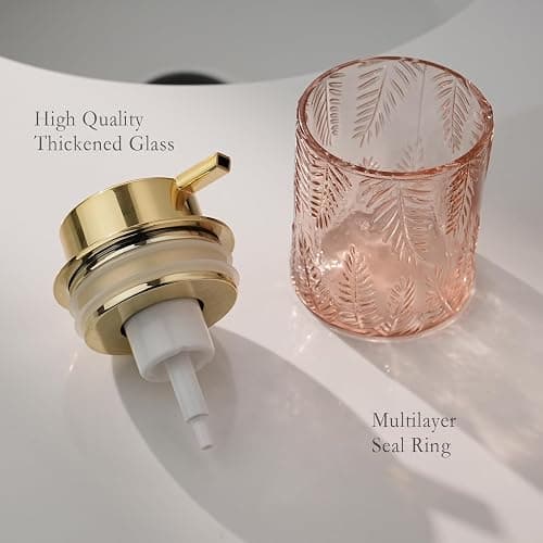 CICUFY Glass Foam Soap Dispenser for Kitchen & Bathroom - Refillable Lotion Dispenser with Large Gold Pump (Leaf Pattern-Pink) thumbnail 6