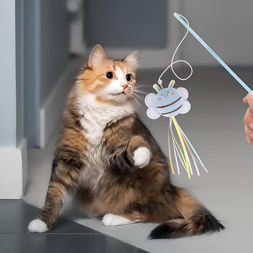 NOWFRESH Cat Wand Toy Set, 2 PCS Interactive Cat Teaser Wands with Cute Bee & Mouse Designs, Equipped with Bells and Streamers to Captivate Your Cat’s Attention thumbnail 7