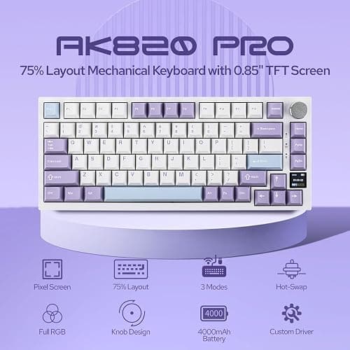 EPOMAKER Ajazz AK820 Pro 75% Wireless Mechanical Keyboard with TFT Smart Display&Knob, Gasket-Mounted Gaming Keyboard, BT/2.4GHz/USB-C Wired (Purple, Gift Switch) thumbnail 2
