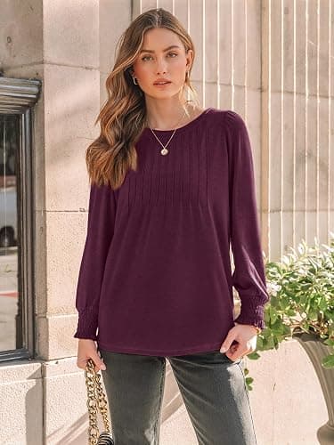 AUTOMET Long Sleeve Shirts Womens Pleated Business Casual Blouses with Smocked Cuffs thumbnail 2