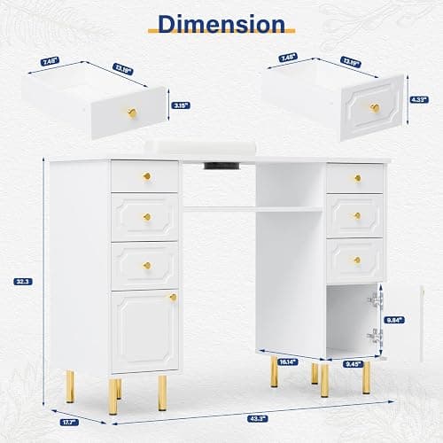 OmySalon White & Gold Accent Nail Desk for Nail Tech, Manicure Table with Electric Dust Collector, Storage Drawers & Wrist Cushion, Acetone Resistant for Salon and Home Nail Station thumbnail 3