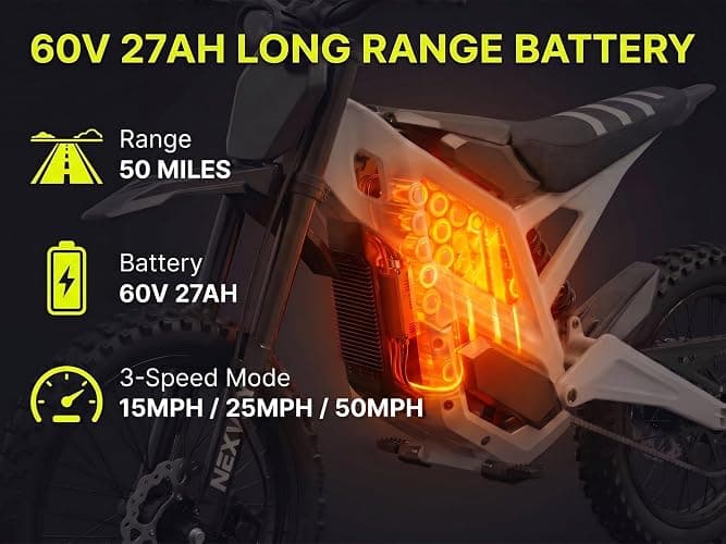 NEXVEY Flash PRO 5000W Adult Electric Dirt Bike 60V 27Ah E-Motorcycle | Off-Road Only, wheelie assist, Mid-Drive Motor, 55MPH top speed & 55-mile range,17/14" all-terrain tires for off-road riding thumbnail 2