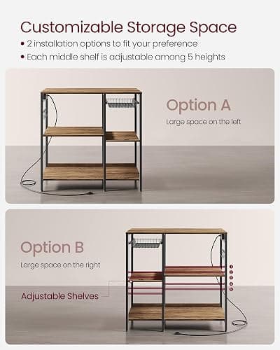 VASAGLE Baker's Rack, Coffee Bar Stand with Charging Station, 35.6 Inches Tall, Storage Shelves, Pull-Out Wire Basket, Table for Microwave, Kitchen, Honey Brown and Ink Black UKKS036K41 thumbnail 6