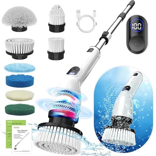 TUYU Electric Spin Scrubber, Full-Body IPX7 Waterproof Bathroom Scrubbe with Power LCD Display,8 Replacement Head for Adjustable Extension Handle Electric Cleaning Brush for Bathroom, Tub, Tile - Grey White - Image 1