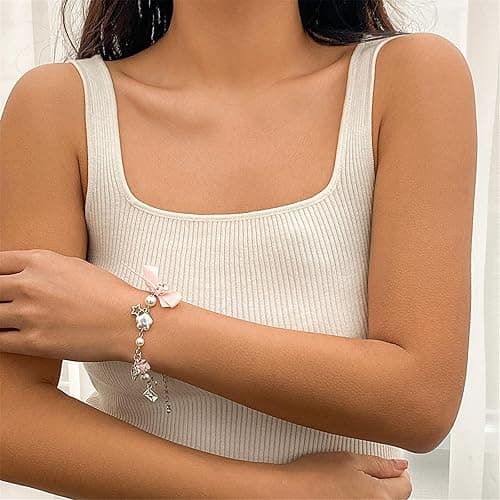1/2Pcs Set Y2K Star Pearl Heart Crystal Chain Adjustable Aesthetic Bracelet Grunge Gift for Women Jewelry Gifts Punk Gothic Link Dainty Bracelet Resin Transparent Star Ribbon - 2 thumbnail 3
