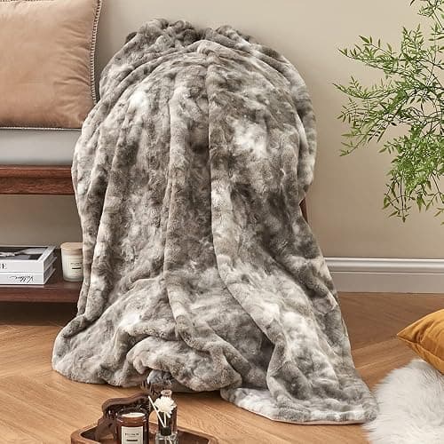 Krifey Faux Fur Throw Blanket, Super Soft Cozy Blanket, Luxury Fluffy Blanket Warm Bed Throw, Plush Christmas Birthday Gifts for Women, Room Home Dorm Decor, Marbled Gray 50" x 60" thumbnail 9