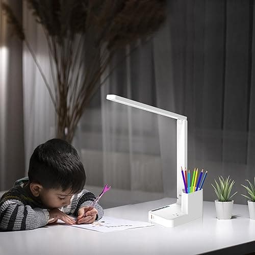 COZOO LED Desk Lamp with 2 USB Charging Ports,Type C Port,1 AC Outlet,2 Pen Holders,3 Color Temperature 3 Brightness Level,Touch/Memory/Timer,10W Eye Protection Foldable Reading Light,Study Lamp-White - White 2.0 with pen holders thumbnail 8