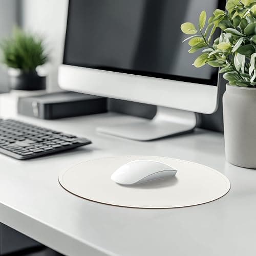 Mouse Pad，Round Mouse Pad，PU Mouse Pad，Leather Mouse Pad with Stitched Edge Micro-Fiber Base with Non-Slip Waterproof，Mouse Pad for Computers，Laptop，9 x 9 Inch (Lily White) thumbnail 7