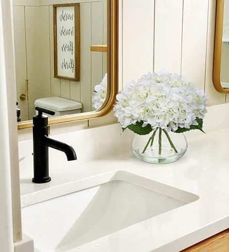 Hollyone Hydrangea Artificial Flowers with Vase White Silk Fake Flowers Arrangements in Glass Vase with Faux Water for Home Bathroom Office Table Centerpiece Shelf Decorations thumbnail 2