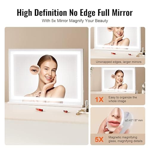 VEVOR Gran Espejo de Maquillaje Iluminado con Tres Modos de Iluminación Color, LED Luces, Aumento de 5X, Bluetooth, USB, Control Táctil Inteligente, Montaje en Pared a Escritorio, 800 x 120 x 572 mm thumbnail 5