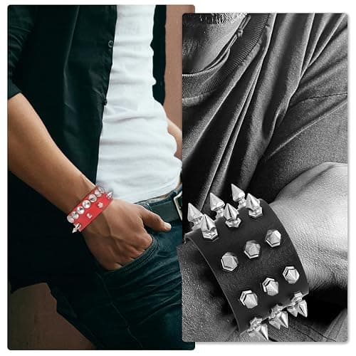 MECCANIXITY Rock Punk Studded Leather Bracelet Set, Goth Spiked Cuff PU Wristband Adjustable Bracelets Emo Grunge Accessories Halloween Party Favors thumbnail 5